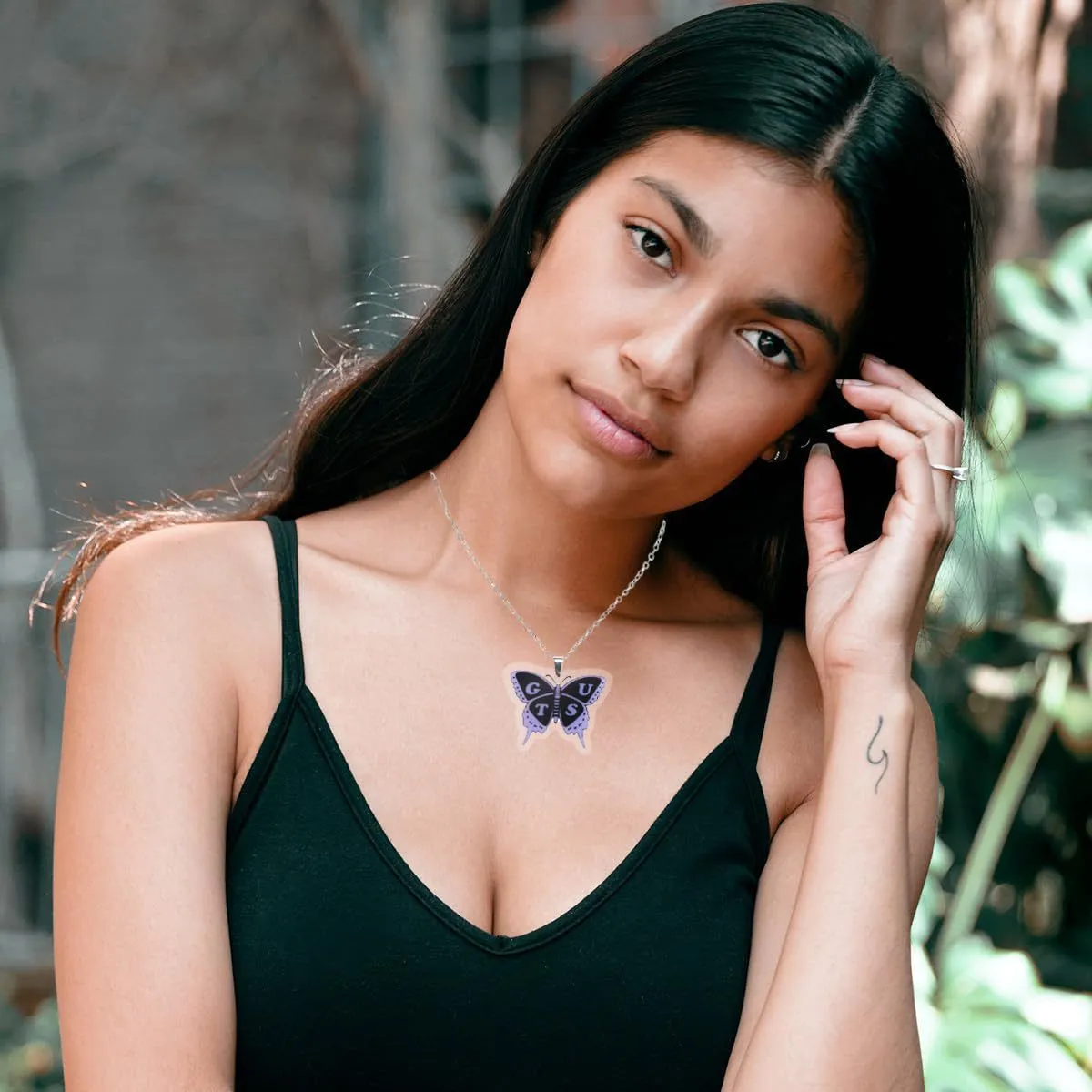 Purple acrylic butterfly necklace and matching earrings on iron flat cross chain, women's chic style