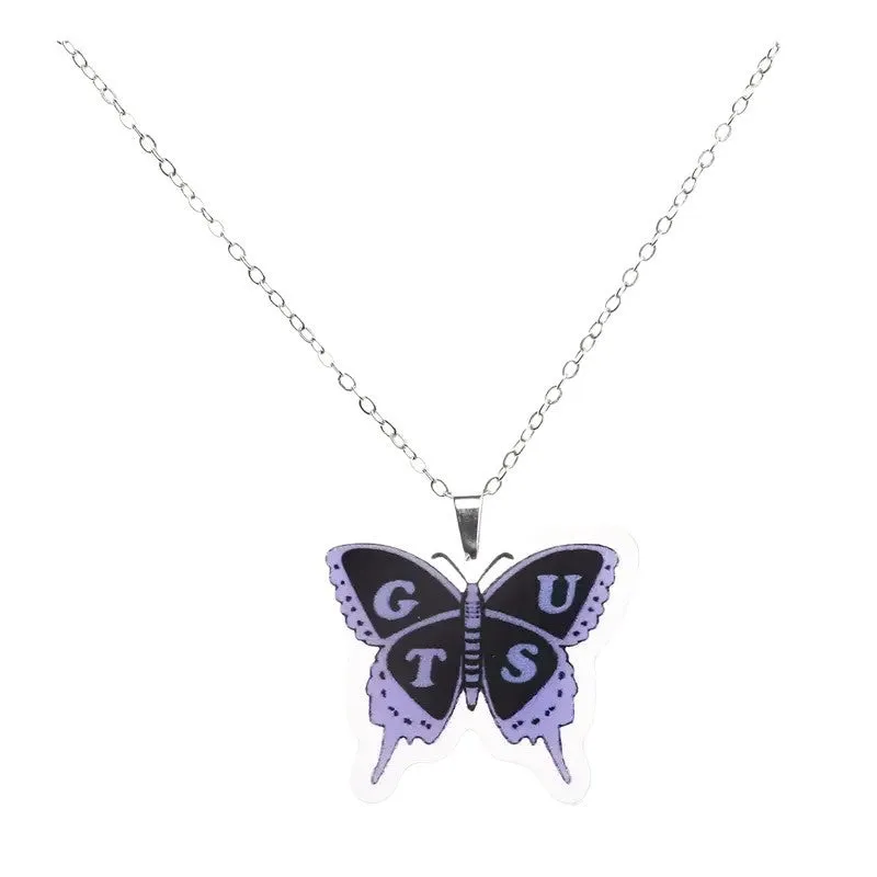 Purple acrylic butterfly necklace and matching earrings on iron flat cross chain, women's chic style