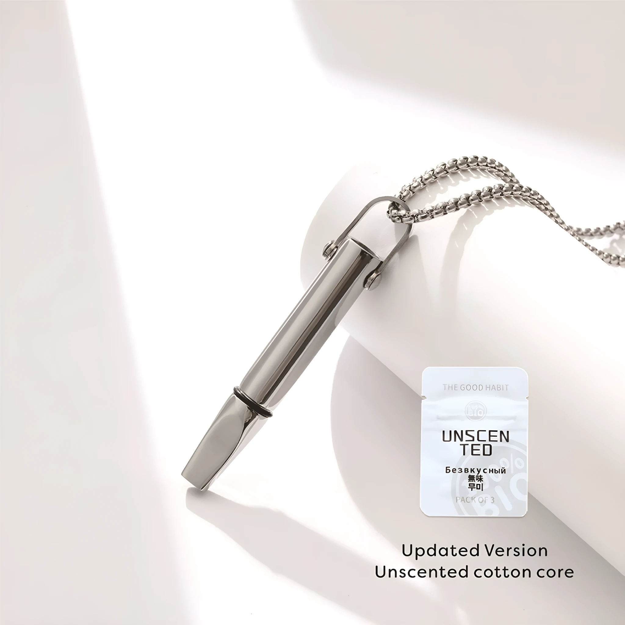 Breathing resistance whistle necklace round tube pendant titanium steel polished finish gold with pearl chain