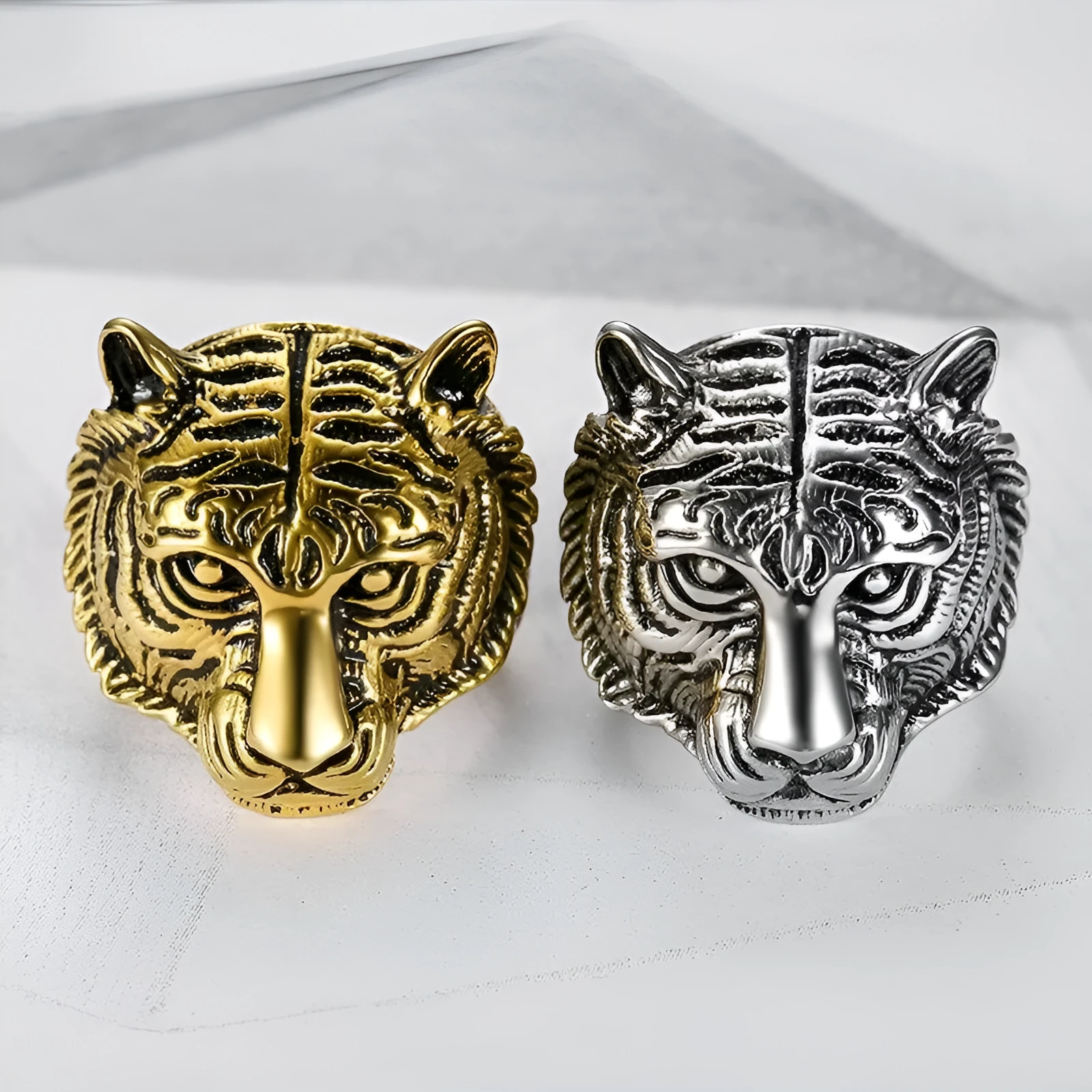 Retro tiger head stainless steel ring for women, steel colour, size No 10, fashion commuter style