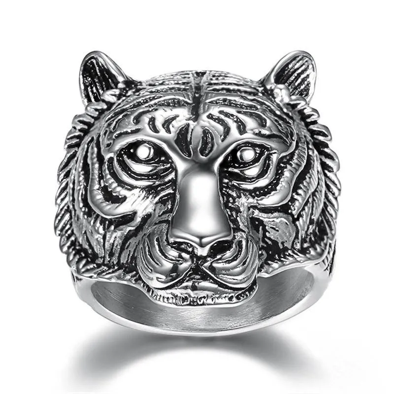 Retro tiger head stainless steel ring for women, steel colour, size No 10, fashion commuter style