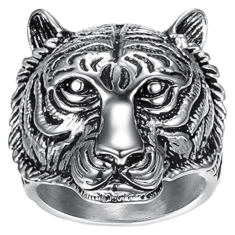 Retro tiger head stainless steel ring for women, steel colour, size No 10, fashion commuter style