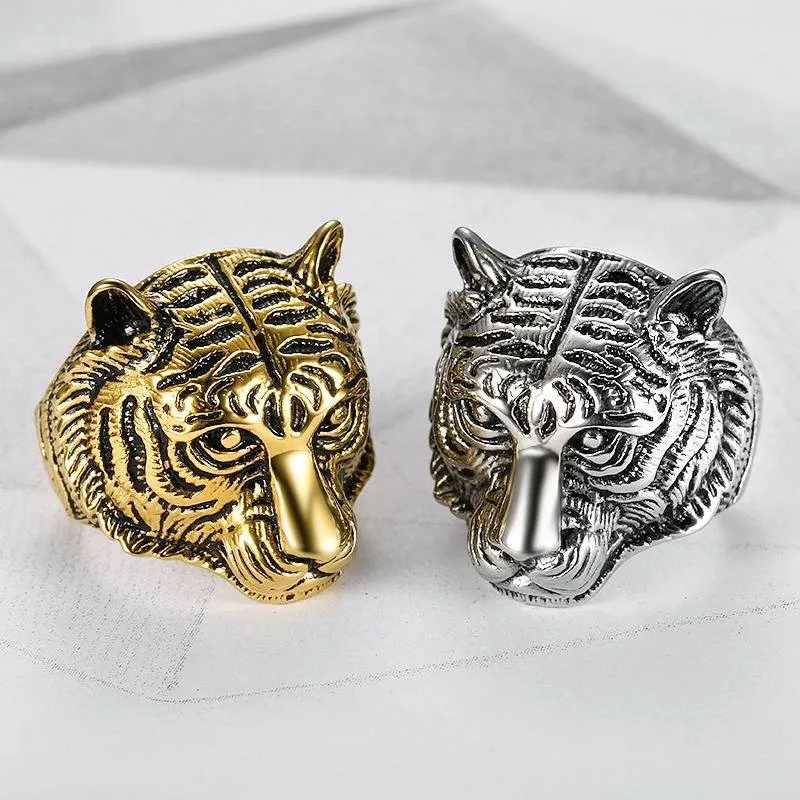 Retro tiger head stainless steel ring for women, steel colour, size No 10, fashion commuter style