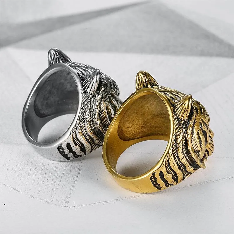 Retro tiger head stainless steel ring for women, steel colour, size No 10, fashion commuter style