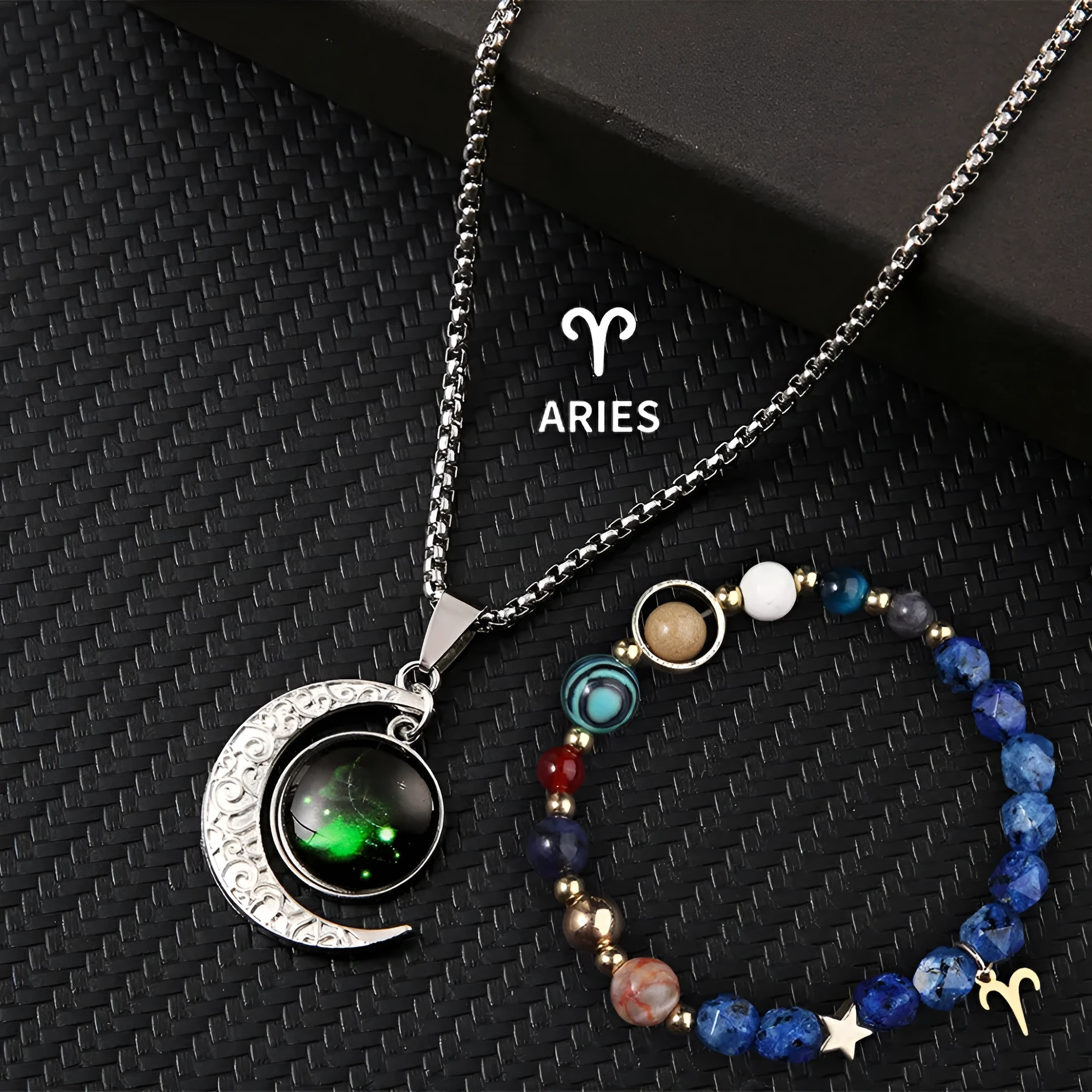 Natural stone zodiac necklace and bracelet set for all 12 star signs
