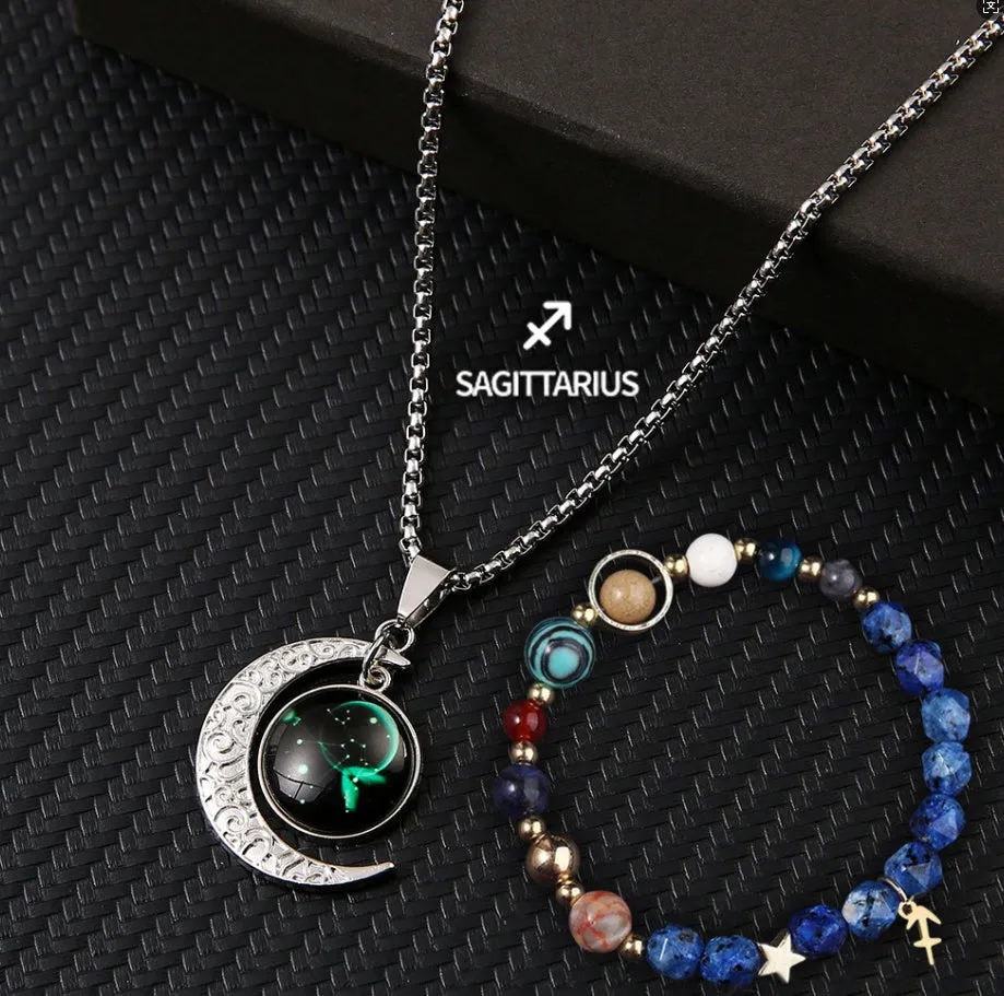 Natural stone zodiac necklace and bracelet set for all 12 star signs