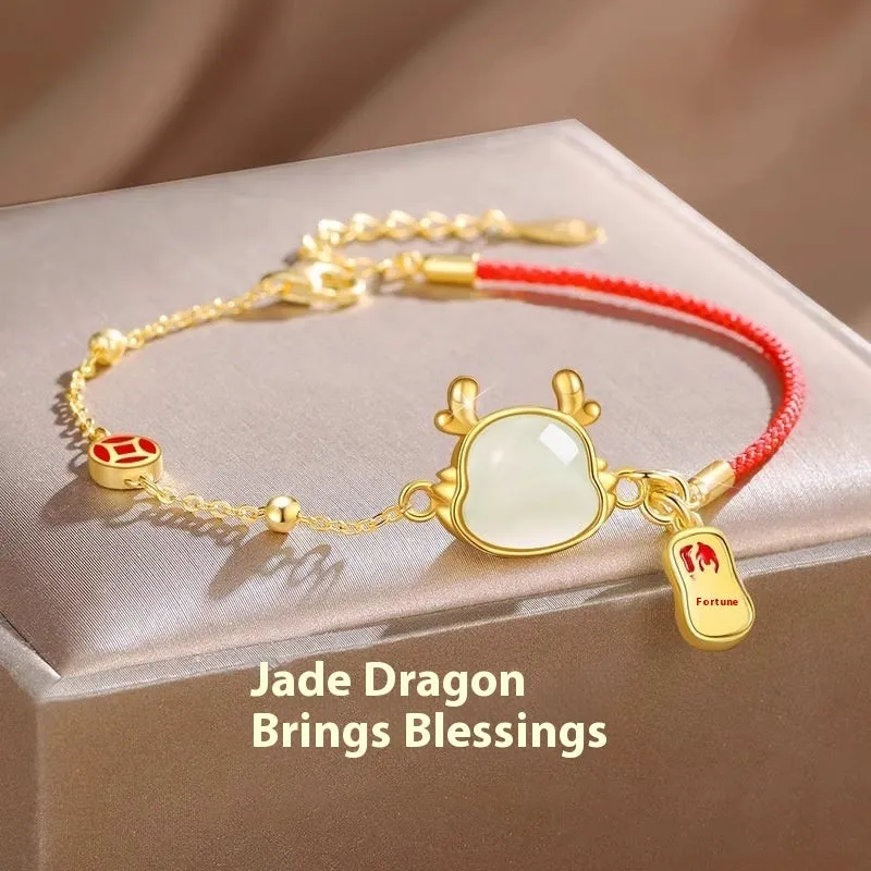 Silver dragon zodiac bracelet with Hetian jade accents on copper core