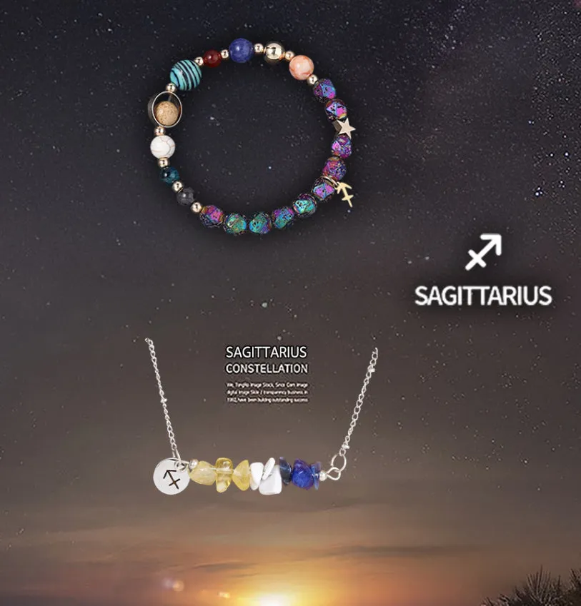 Natural stone necklace and bracelet set on display showing zodiac sign style options