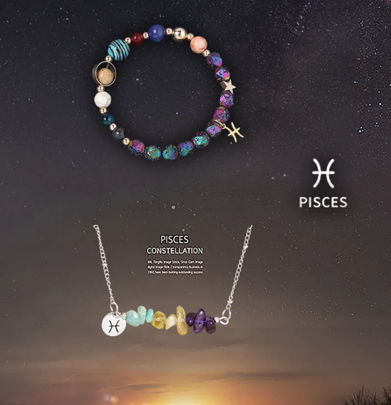 Natural stone necklace and bracelet set on display showing zodiac sign style options