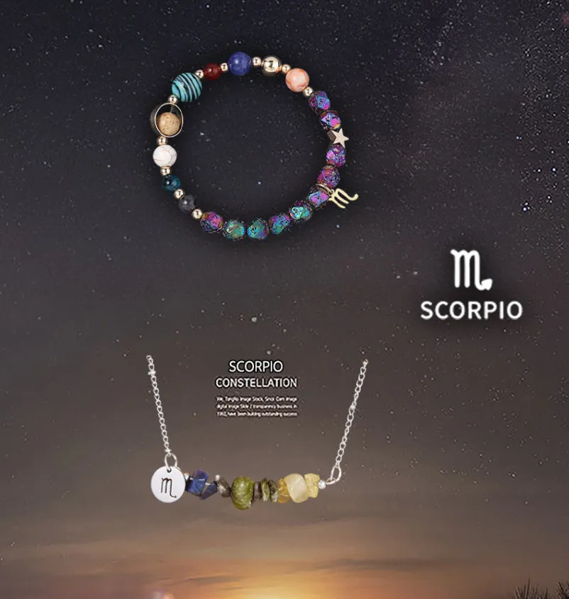 Natural stone necklace and bracelet set on display showing zodiac sign style options