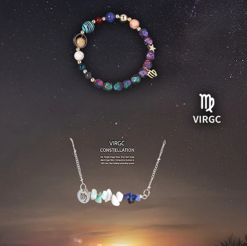 Natural stone necklace and bracelet set on display showing zodiac sign style options