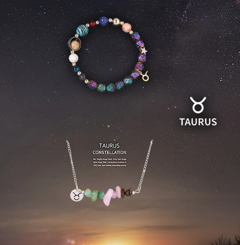 Natural stone necklace and bracelet set on display showing zodiac sign style options