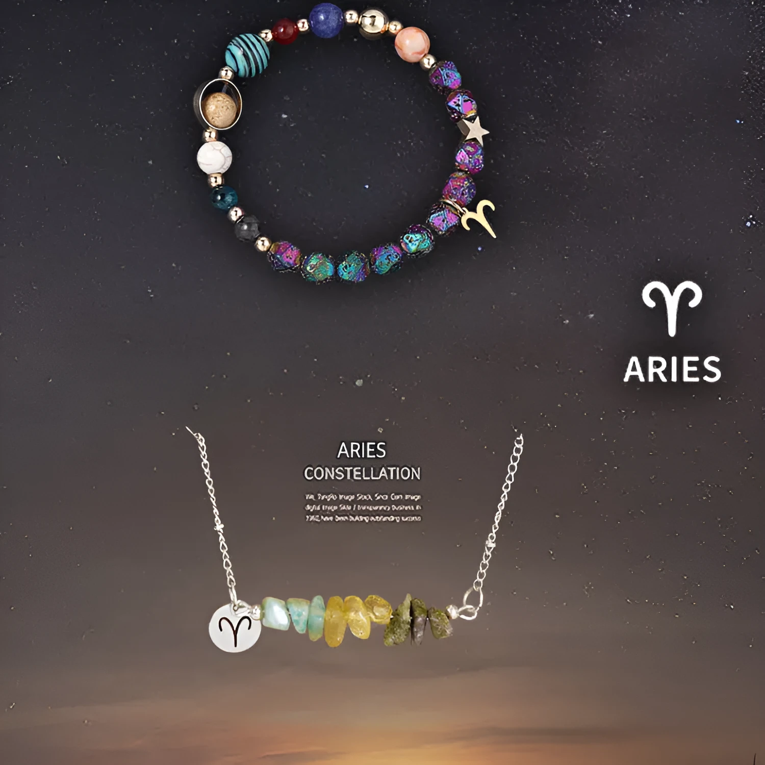 Natural stone necklace and bracelet set on display showing zodiac sign style options