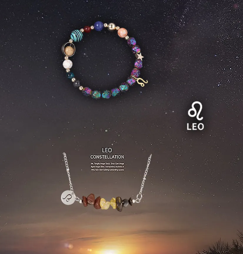 Natural stone necklace and bracelet set on display showing zodiac sign style options