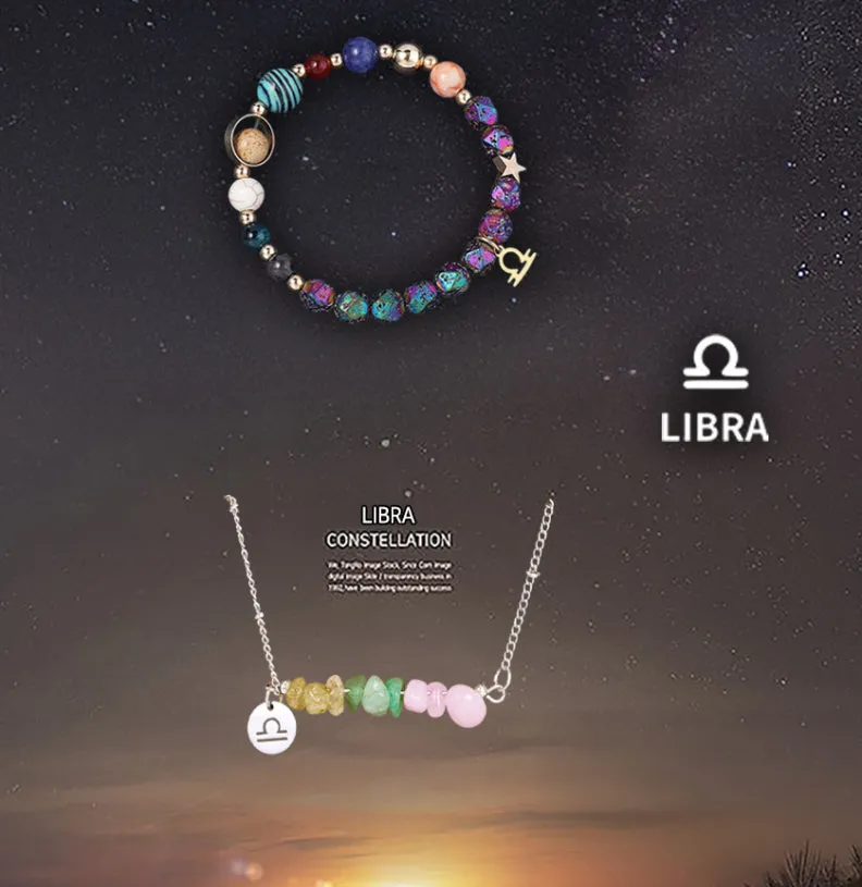 Natural stone necklace and bracelet set on display showing zodiac sign style options