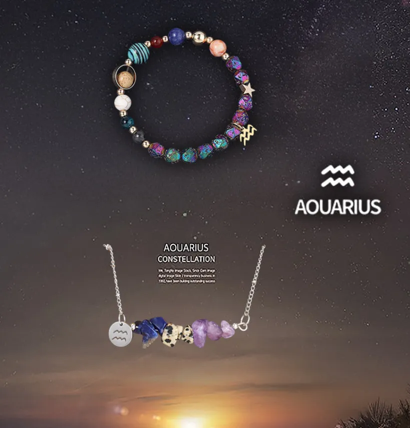 Natural stone necklace and bracelet set on display showing zodiac sign style options