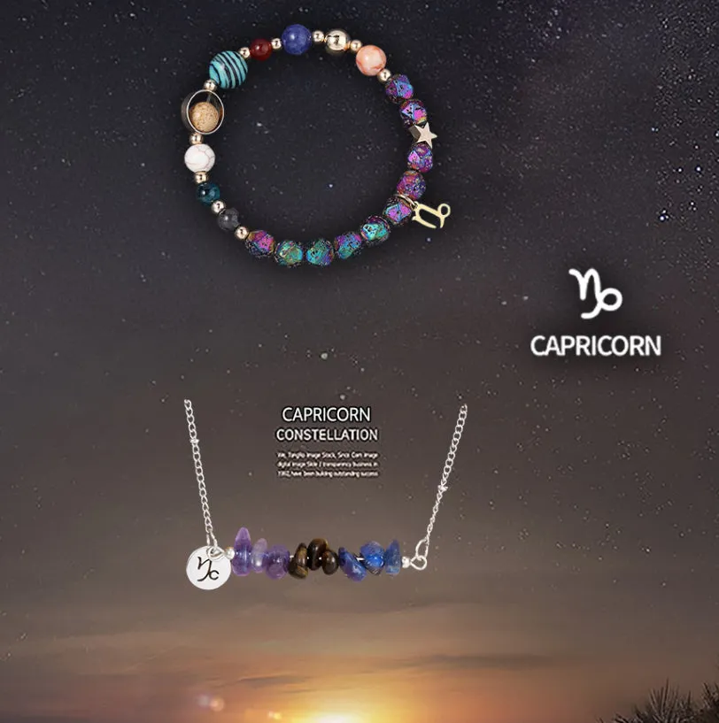 Natural stone necklace and bracelet set on display showing zodiac sign style options