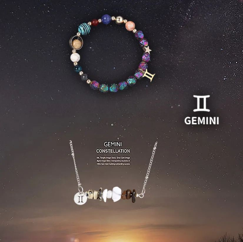 Natural stone necklace and bracelet set on display showing zodiac sign style options