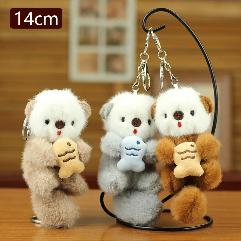 Cute sea otter pendant plush toy keychain with dark brown, light brown, and gray options