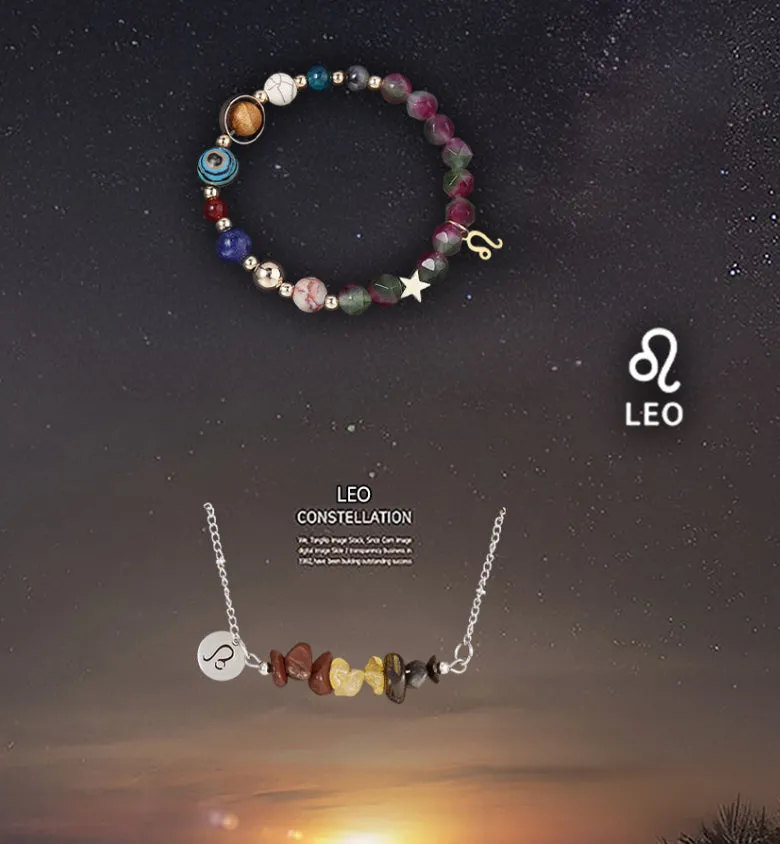 Natural stone necklace and bracelet set for zodiac signs on display