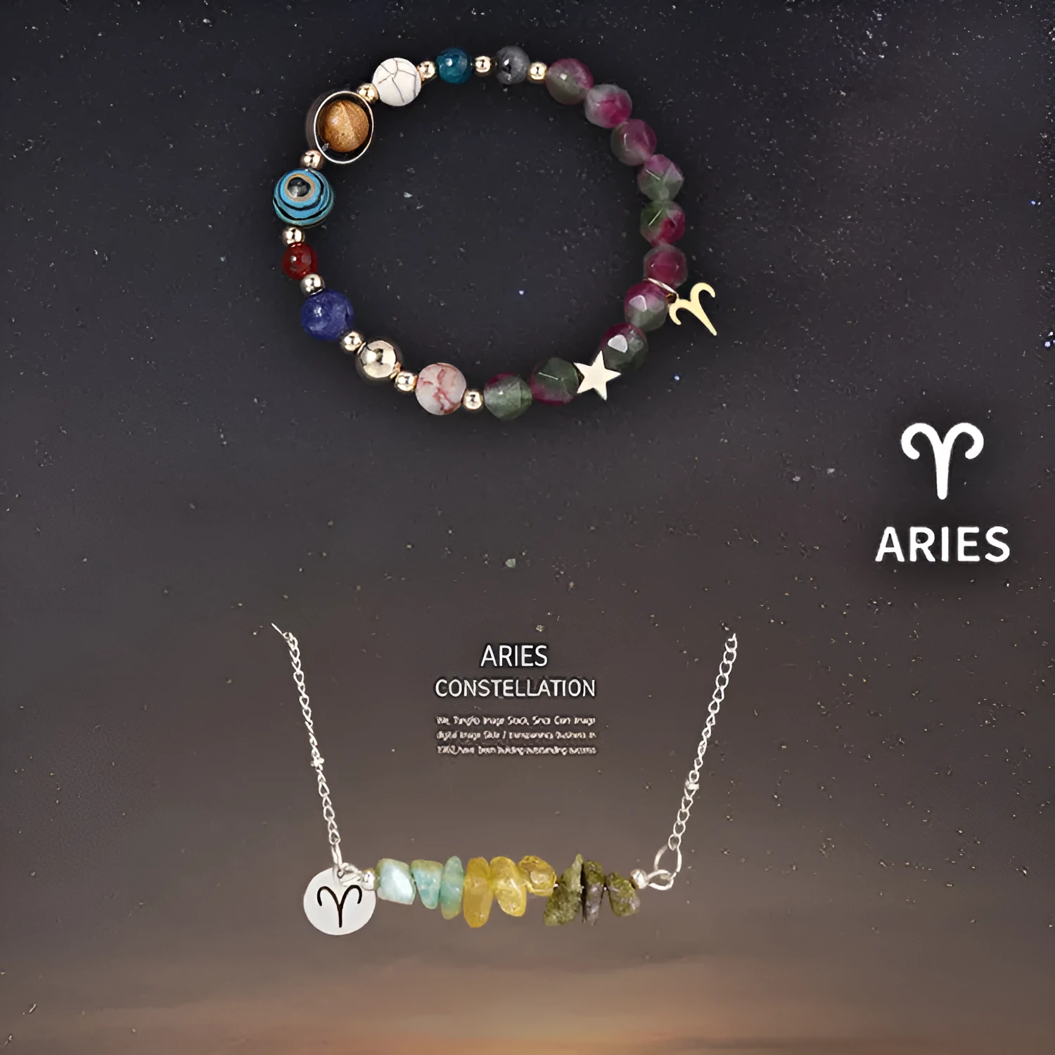 Natural stone necklace and bracelet set for zodiac signs on display