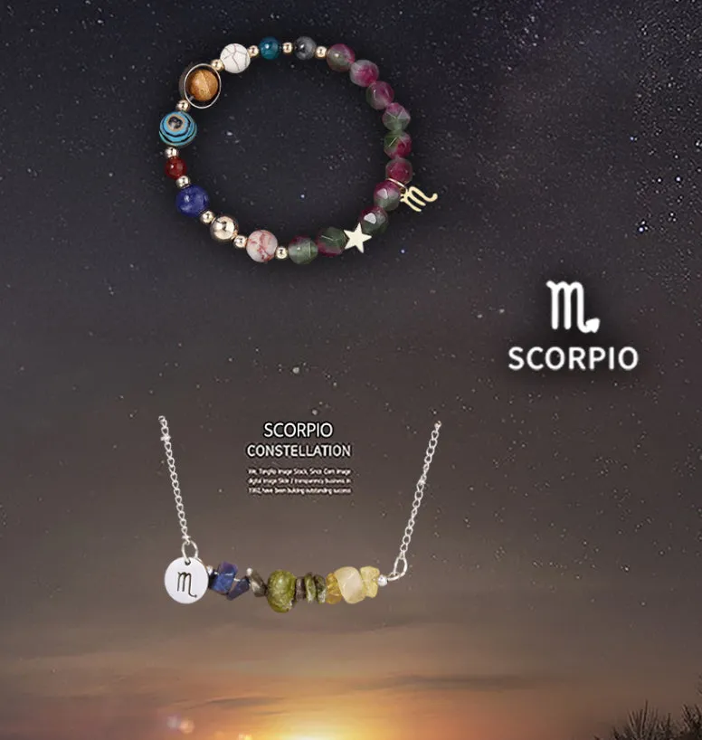Natural stone necklace and bracelet set for zodiac signs on display