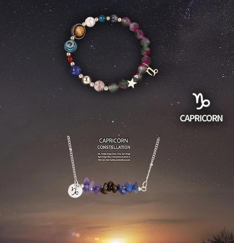 Natural stone necklace and bracelet set for zodiac signs on display