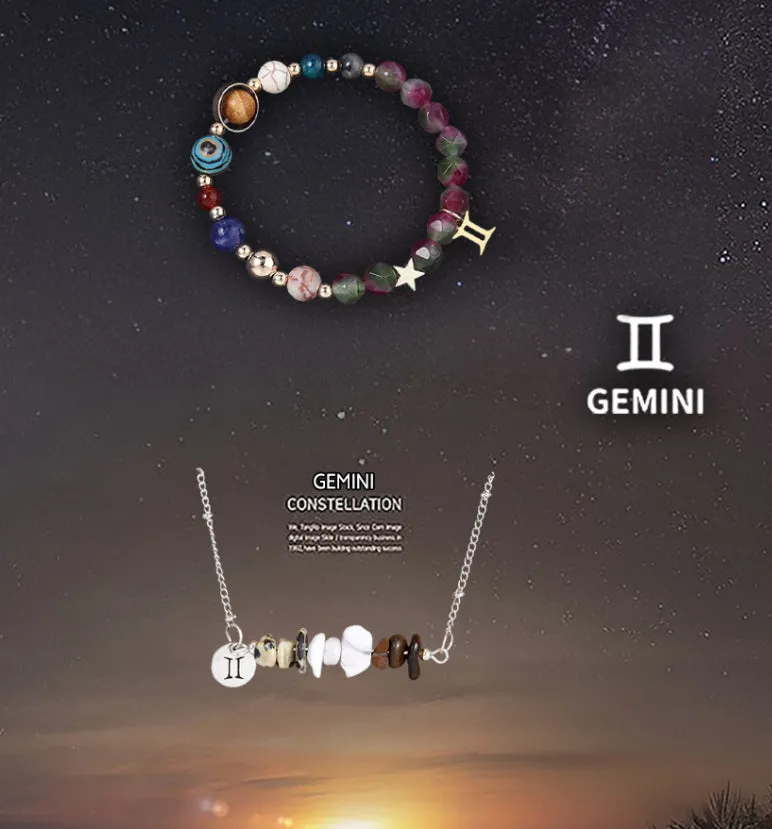 Natural stone necklace and bracelet set for zodiac signs on display