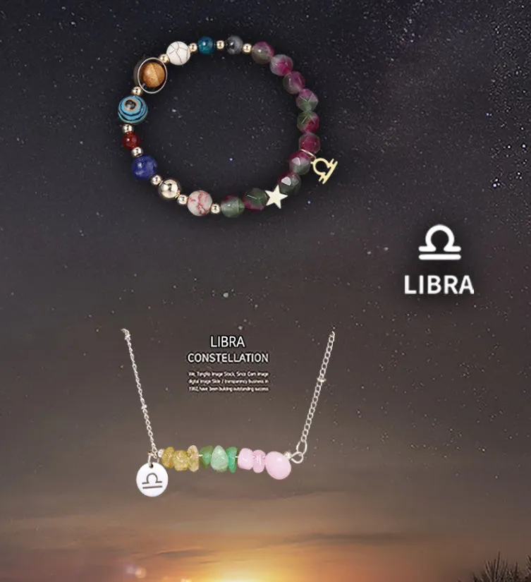 Natural stone necklace and bracelet set for zodiac signs on display