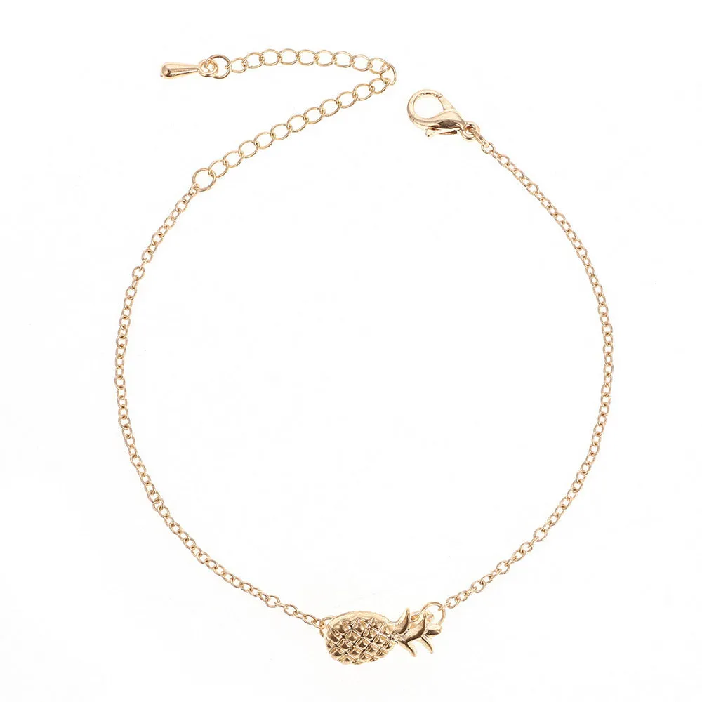 Gold tone and silver tone alloy pineapple bracelets for women on a white background.