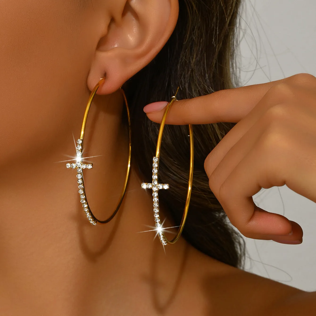 Geometric round rhinestone cross earrings for women in gold copper finish