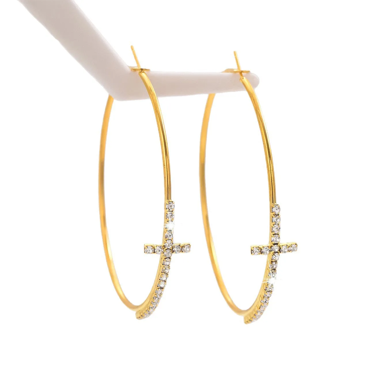 Geometric round rhinestone cross earrings for women in gold copper finish