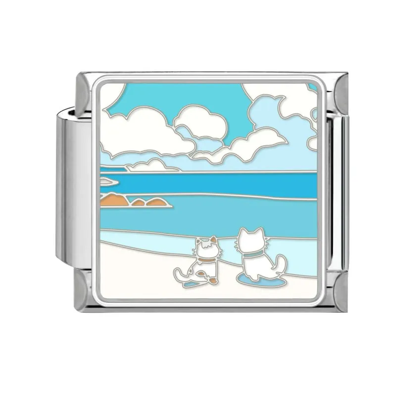 Square stainless steel bracelet module with night sky moon planet totem pattern in dripping oil finish, 1x0.9 cm