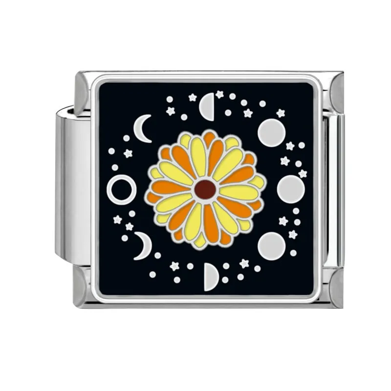 Square stainless steel bracelet module with night sky moon planet totem pattern in dripping oil finish, 1x0.9 cm