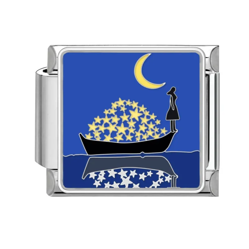 Square stainless steel bracelet module with night sky moon planet totem pattern in dripping oil finish, 1x0.9 cm