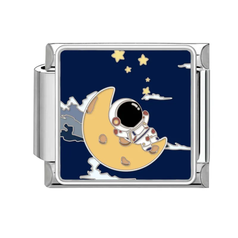 Square stainless steel bracelet module with night sky moon planet totem pattern in dripping oil finish, 1x0.9 cm
