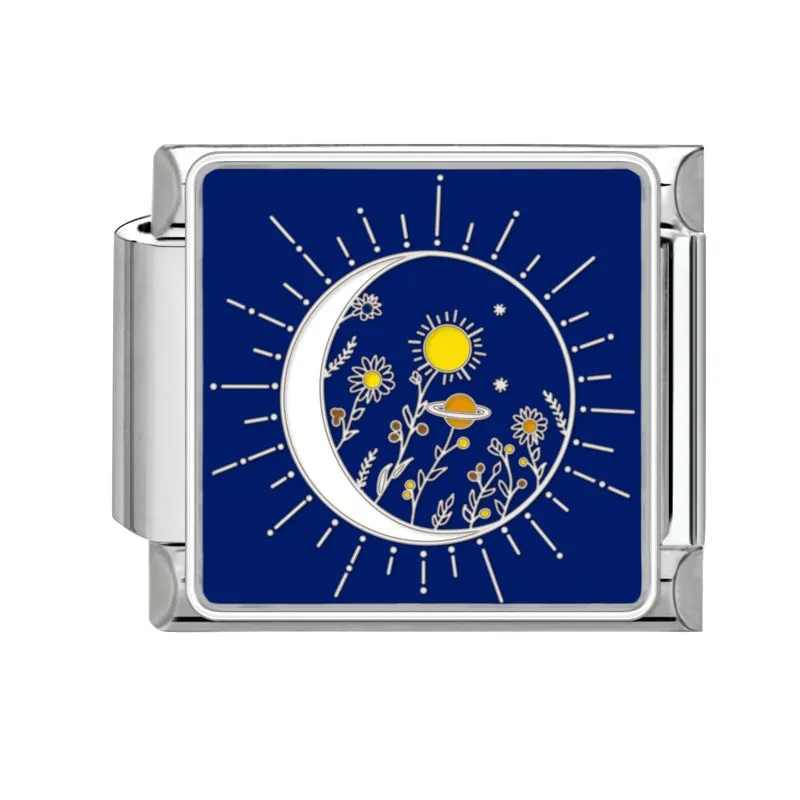 Square stainless steel bracelet module with night sky moon planet totem pattern in dripping oil finish, 1x0.9 cm