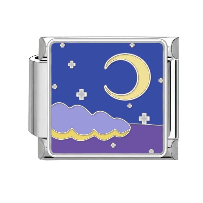 Square stainless steel bracelet module with night sky moon planet totem pattern in dripping oil finish, 1x0.9 cm