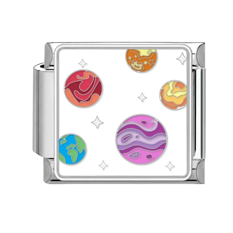 Square stainless steel bracelet module with night sky moon planet totem pattern in dripping oil finish, 1x0.9 cm