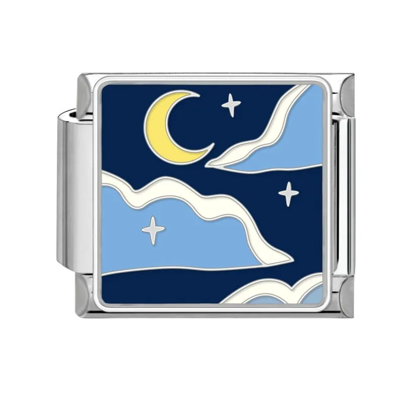 Square stainless steel bracelet module with night sky moon planet totem pattern in dripping oil finish, 1x0.9 cm