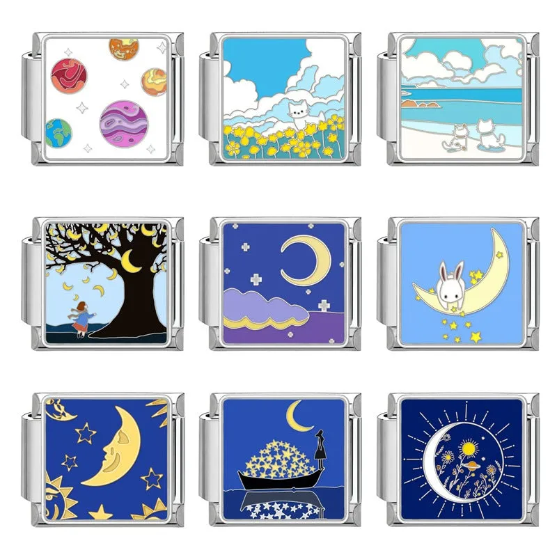 Square stainless steel bracelet module with night sky moon planet totem pattern in dripping oil finish, 1x0.9 cm