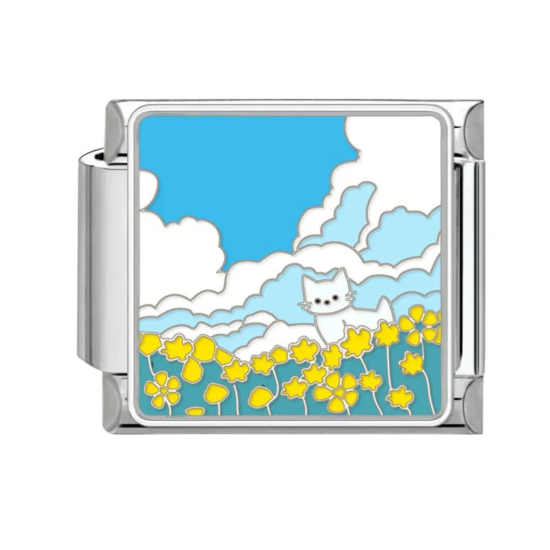 Square stainless steel bracelet module with night sky moon planet totem pattern in dripping oil finish, 1x0.9 cm
