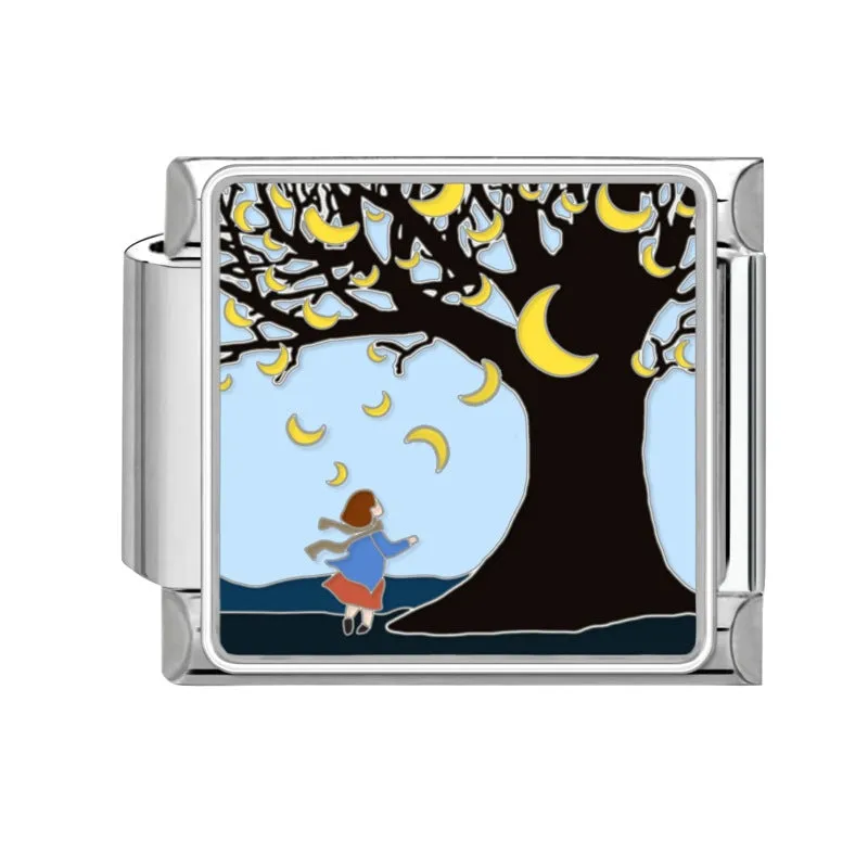 Square stainless steel bracelet module with night sky moon planet totem pattern in dripping oil finish, 1x0.9 cm