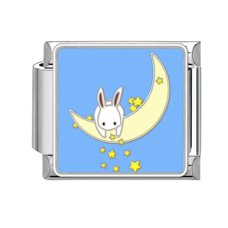Square stainless steel bracelet module with night sky moon planet totem pattern in dripping oil finish, 1x0.9 cm