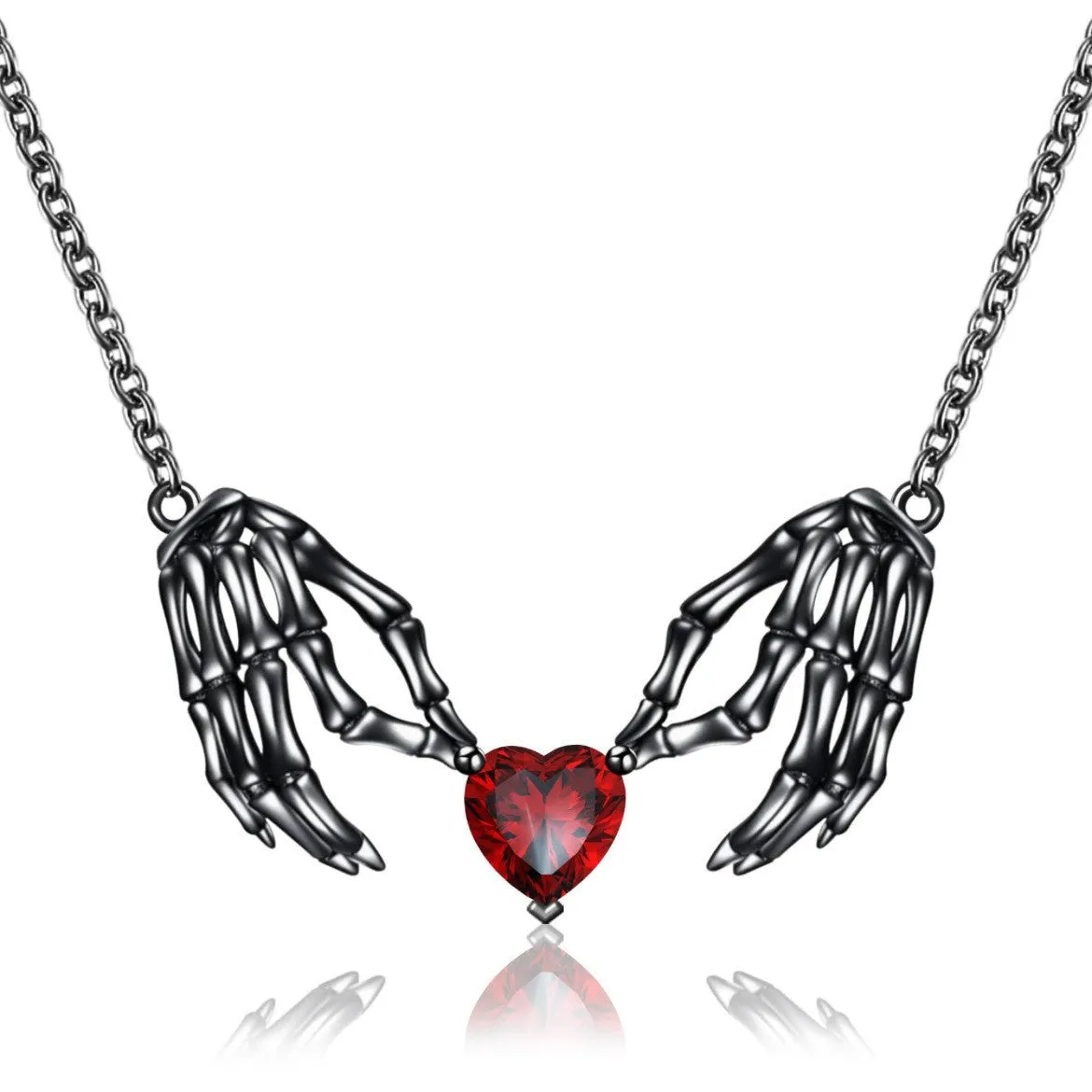 Dark red love ghost claw pendant necklace with copper heart shape on O-ring chain, adjustable perimeter 41-50cm