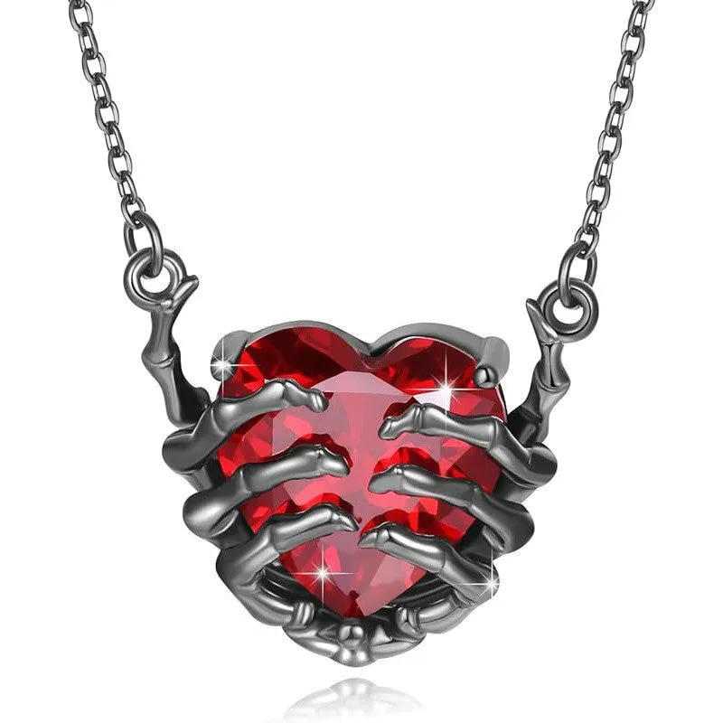 Dark red love ghost claw pendant necklace with copper heart shape on O-ring chain, adjustable perimeter 41-50cm