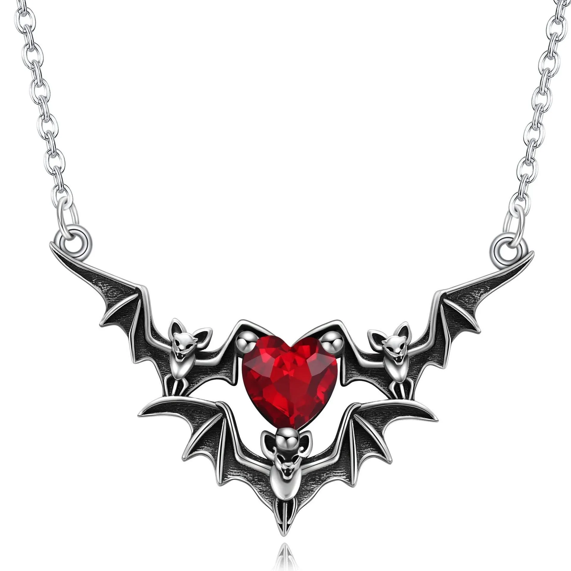 Dark red love ghost claw pendant necklace with copper heart shape on O-ring chain, adjustable perimeter 41-50cm