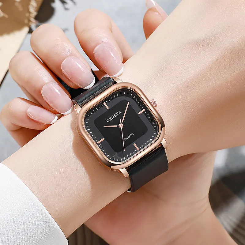 Women's square dial quartz watch with rose gold finish, 30mm alloy case, and green plastic strap