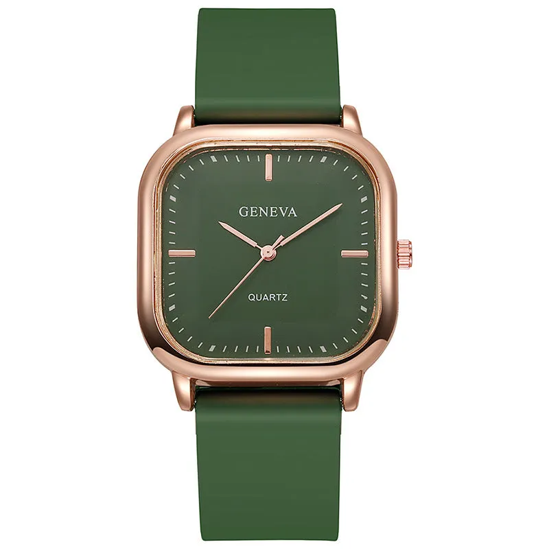 Women's square dial quartz watch with rose gold finish, 30mm alloy case, and green plastic strap