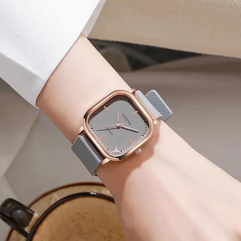 Women's square dial quartz watch with rose gold finish, 30mm alloy case, and green plastic strap